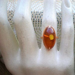 Vintage Russian Russia Solid 14K 583 Rose Pink Gold Baltic Honey Amber RING